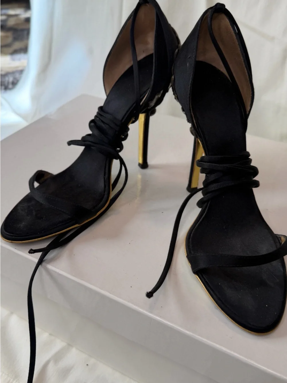 Roberto Cavalli Black Lace-Up Stiletto Heels with Gold Accent